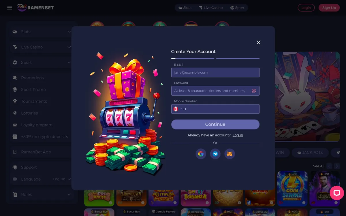 RamenBet Casino — Sign-up, captured from Canada