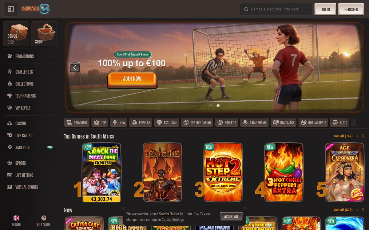 Neon54 Casino — Home page, captured from South Africa