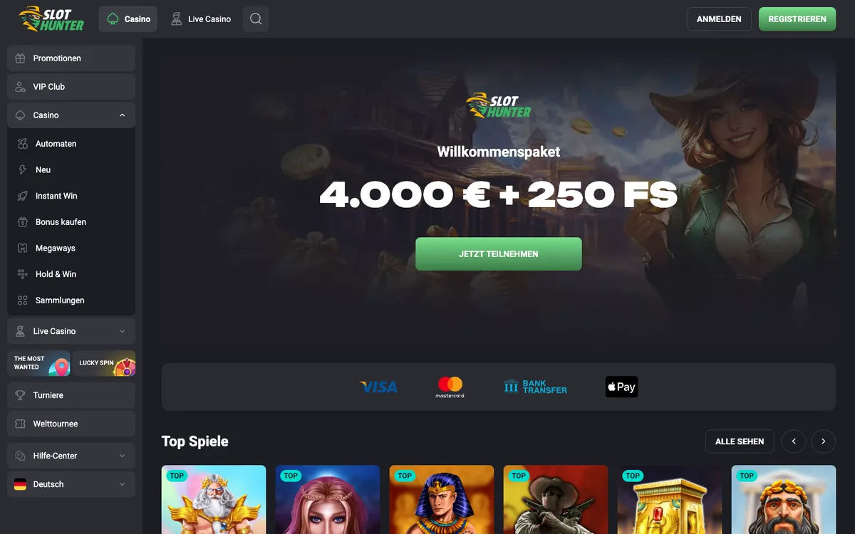 Slot Hunter Casino — Home page, captured from Austria