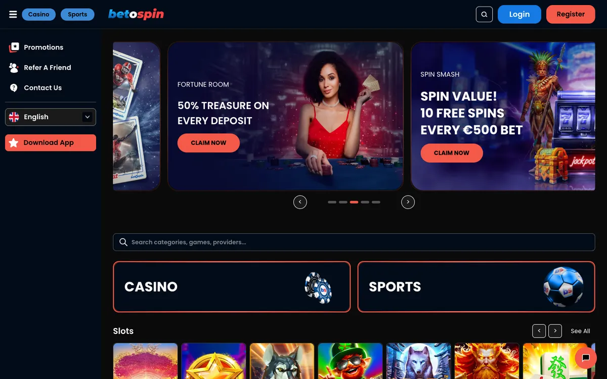 BetOspin Casino — Home page, captured from Norway