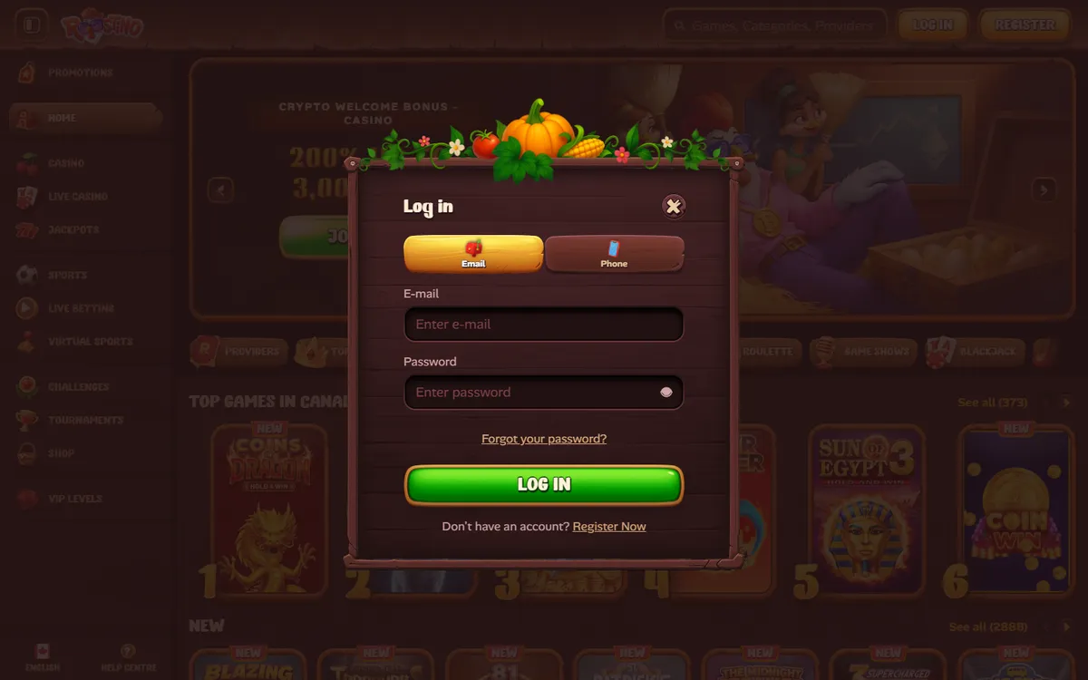 Roostino Casino — Sign-up, captured from Canada