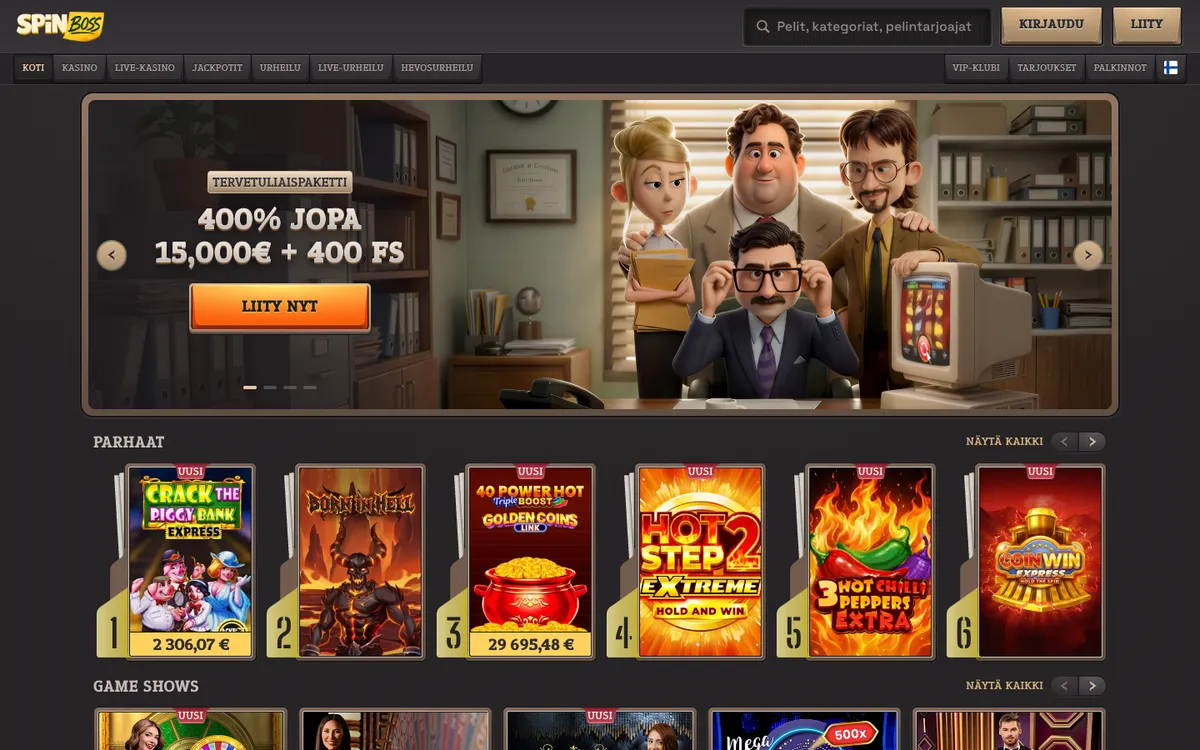 SpinBoss Casino — Home page, captured from Finland