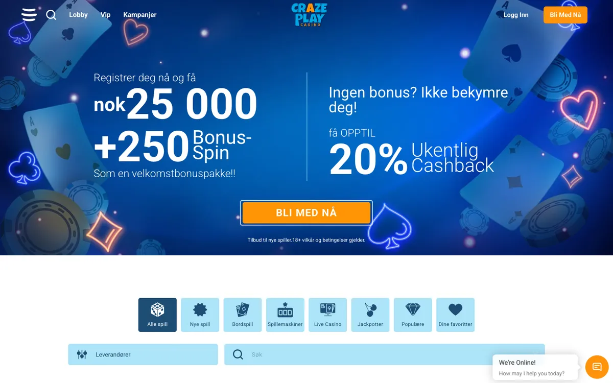 CrazePlay Casino — Home page, captured from Norway