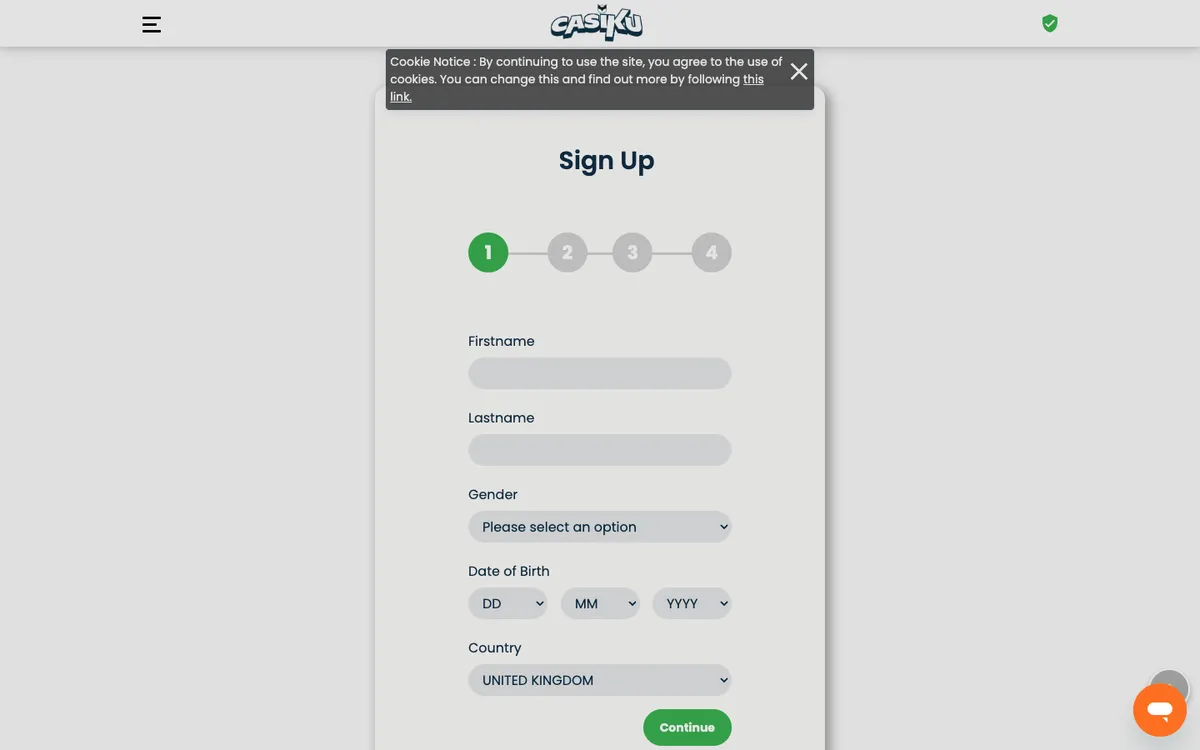 Casiku Casino — Sign-up, captured from United Kingdom