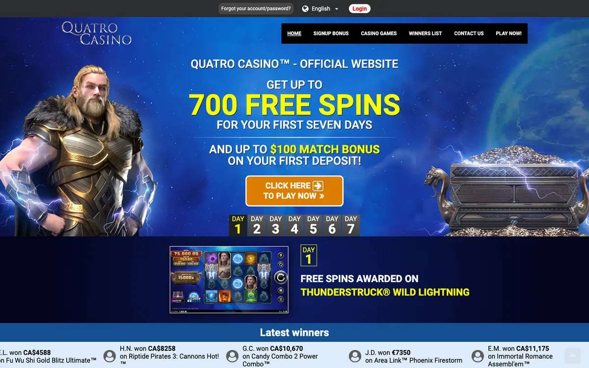 Quatro Casino — Home page, captured from France