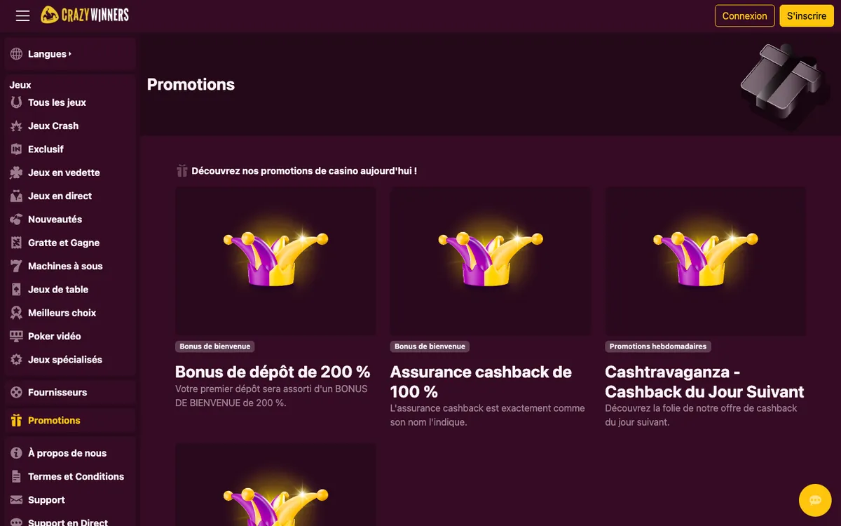 CrazyWinners Casino — «Акции», снято из страны Франция