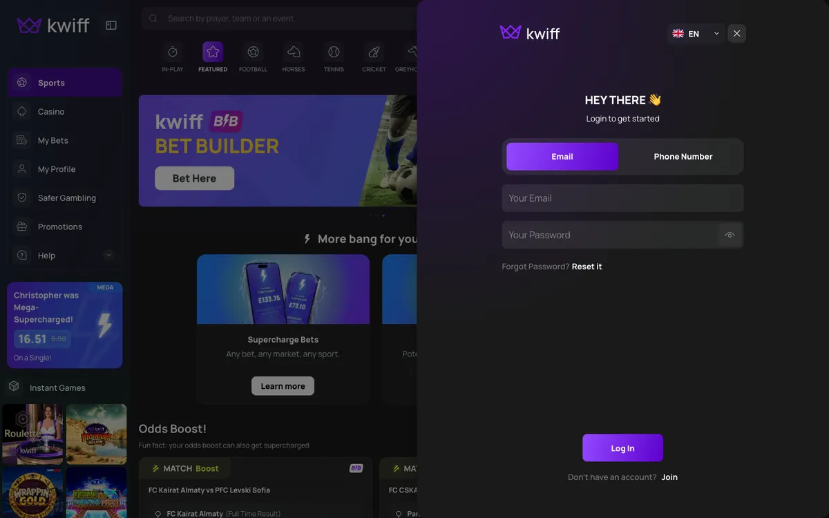 Kwiff Casino — Sign-up, captured from United Kingdom