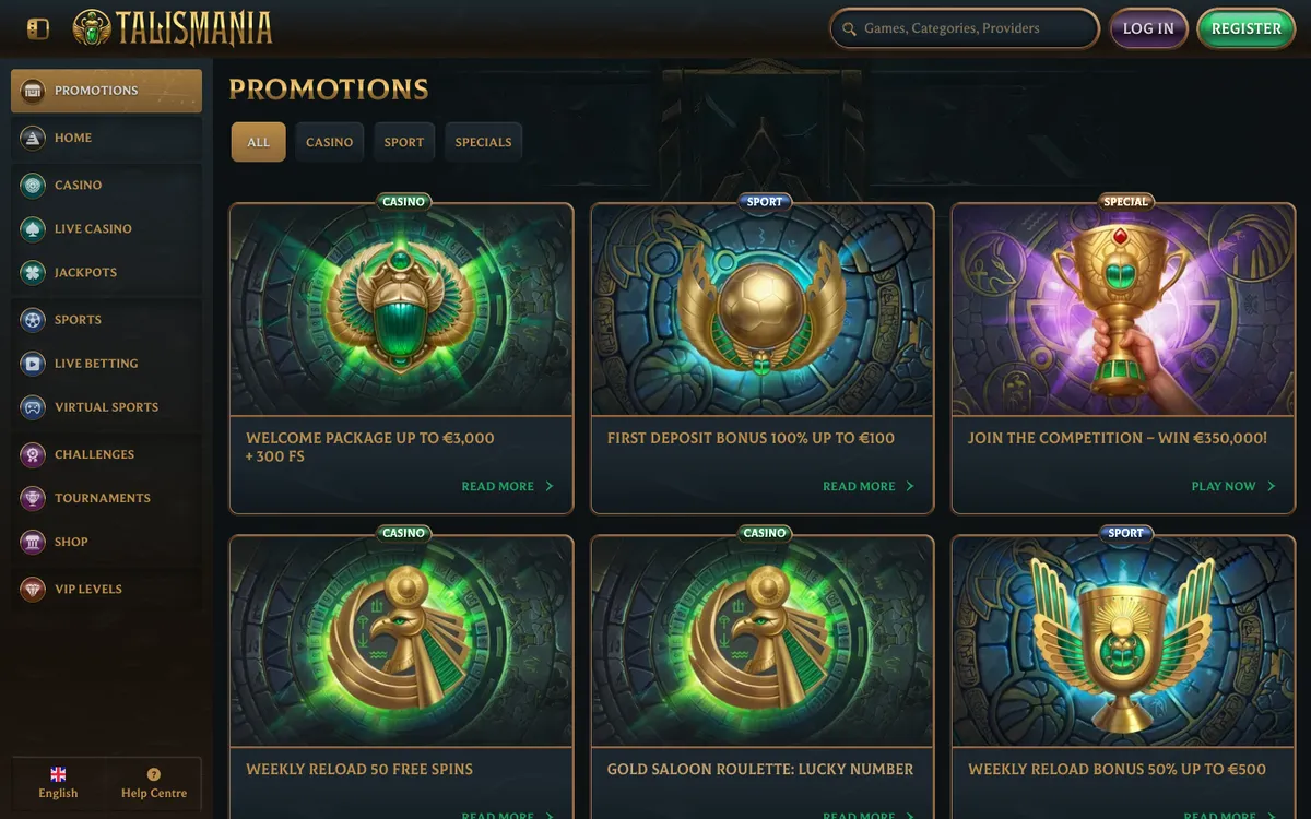 Talismania Casino — Promotions, captured from South Africa