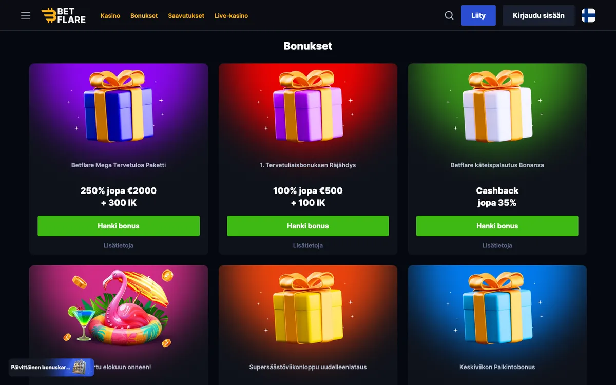 Betflare Casino — «Акции», снято из страны Финляндия