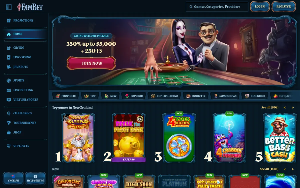 FamBet Casino — «Главная», снято из страны Новая Зеландия