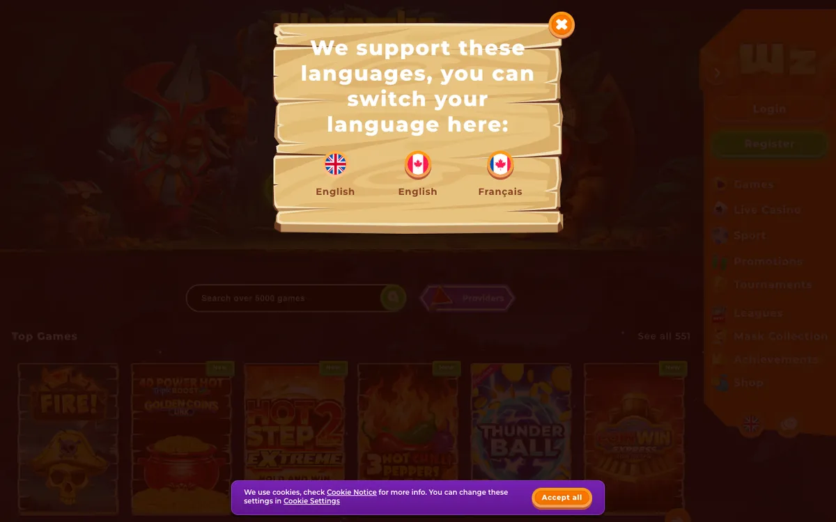 Wazamba Casino — Home page, captured from Canada