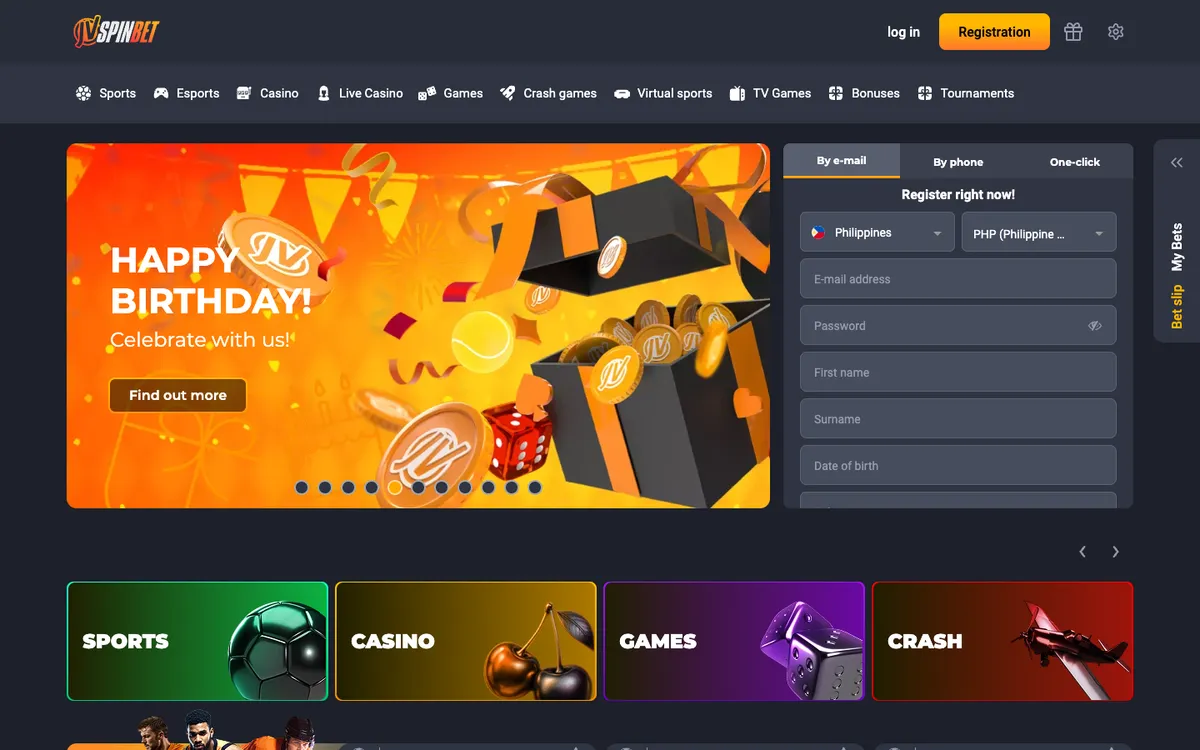 JVSPINBET Casino — Home page, captured from Singapore