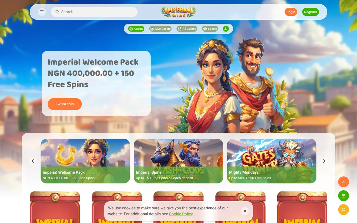 Imperial Wins Casino — Home page, captured from Nigeria