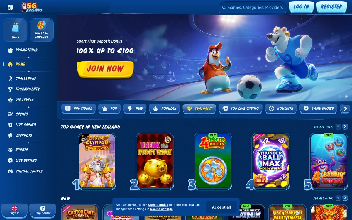 SG Casino — «Главная», снято из страны Новая Зеландия