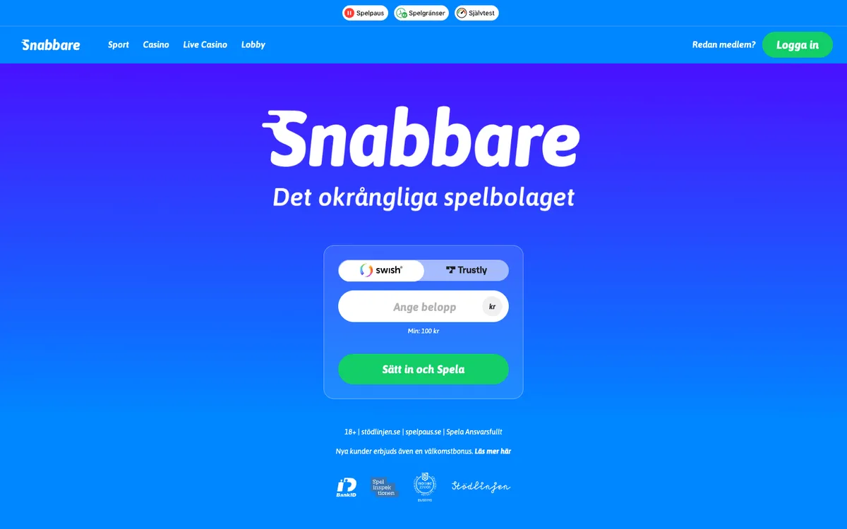 Snabbare Casino — Home page, captured from Sweden