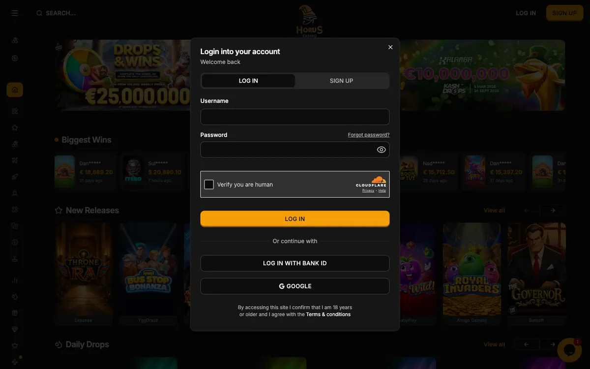 Horus Casino — «Регистрация», снято из страны Финляндия