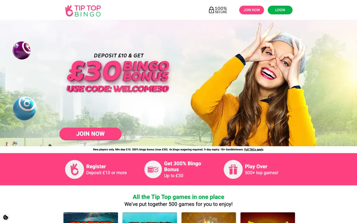 Tip Top Bingo Casino — Home page, captured from United Kingdom