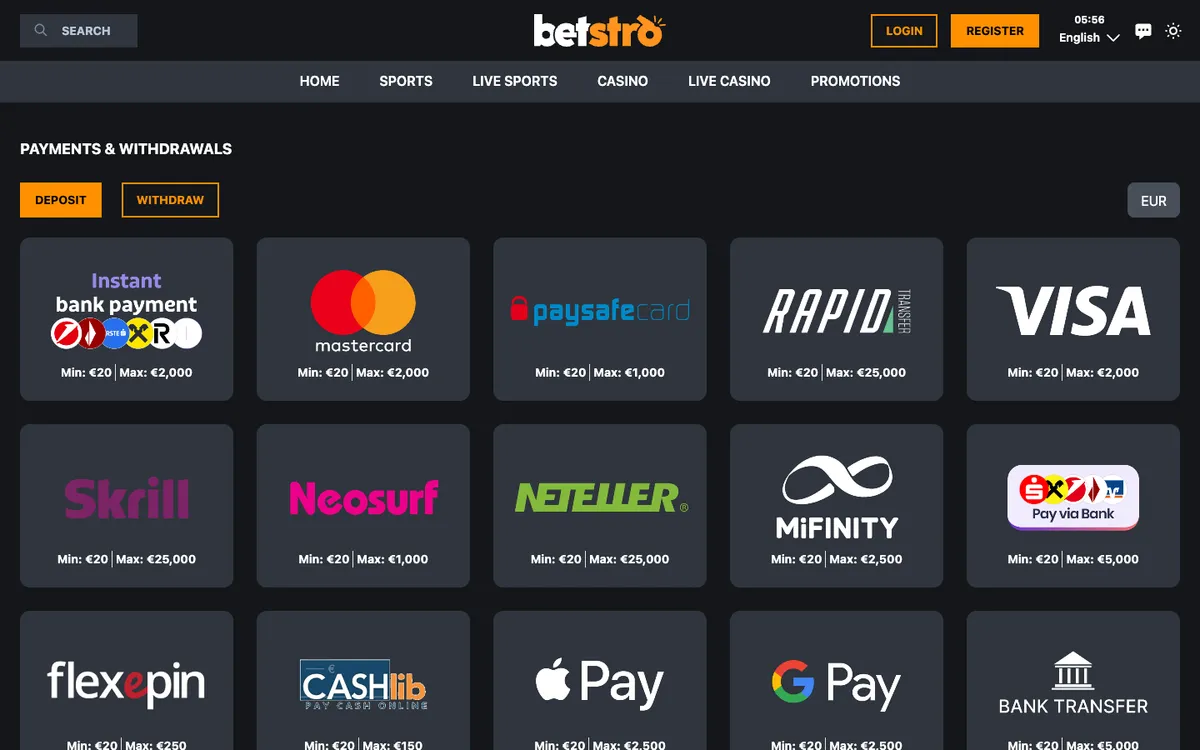 Betstro Casino — Payments, captured from Austria