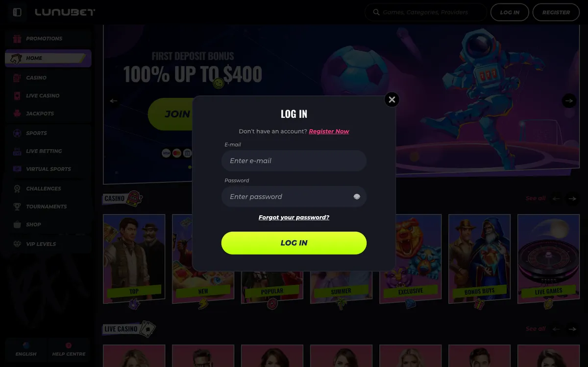 LunuBet Casino — Sign-up, captured from New Zealand