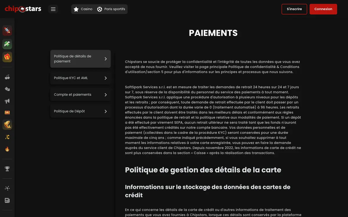 Chipstars Casino — «Платежи», снято из страны Франция