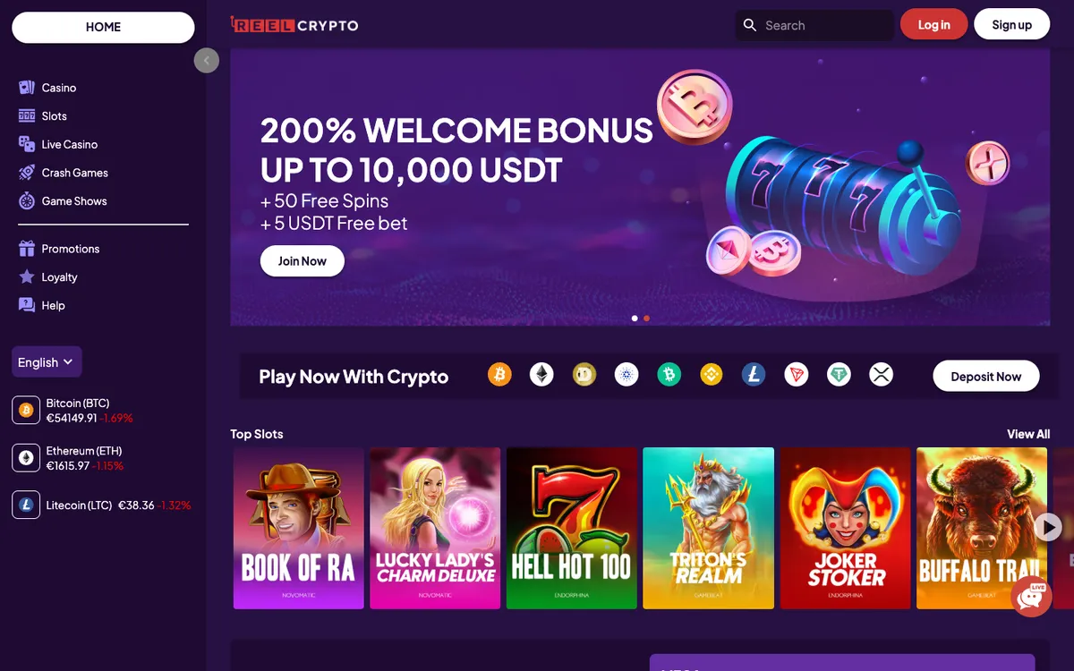 Reel Crypto Casino — Home page, captured from Brazil
