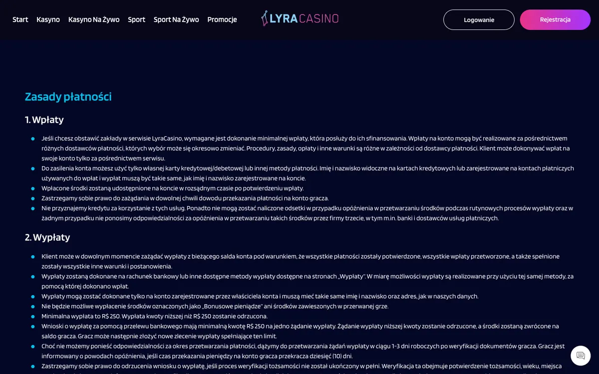LyraCasino — Payments, captured from Poland