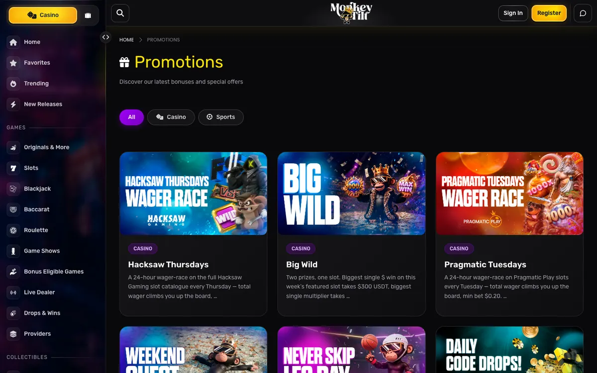 Monkey Tilt Casino — «Акции», снято из страны ОАЭ