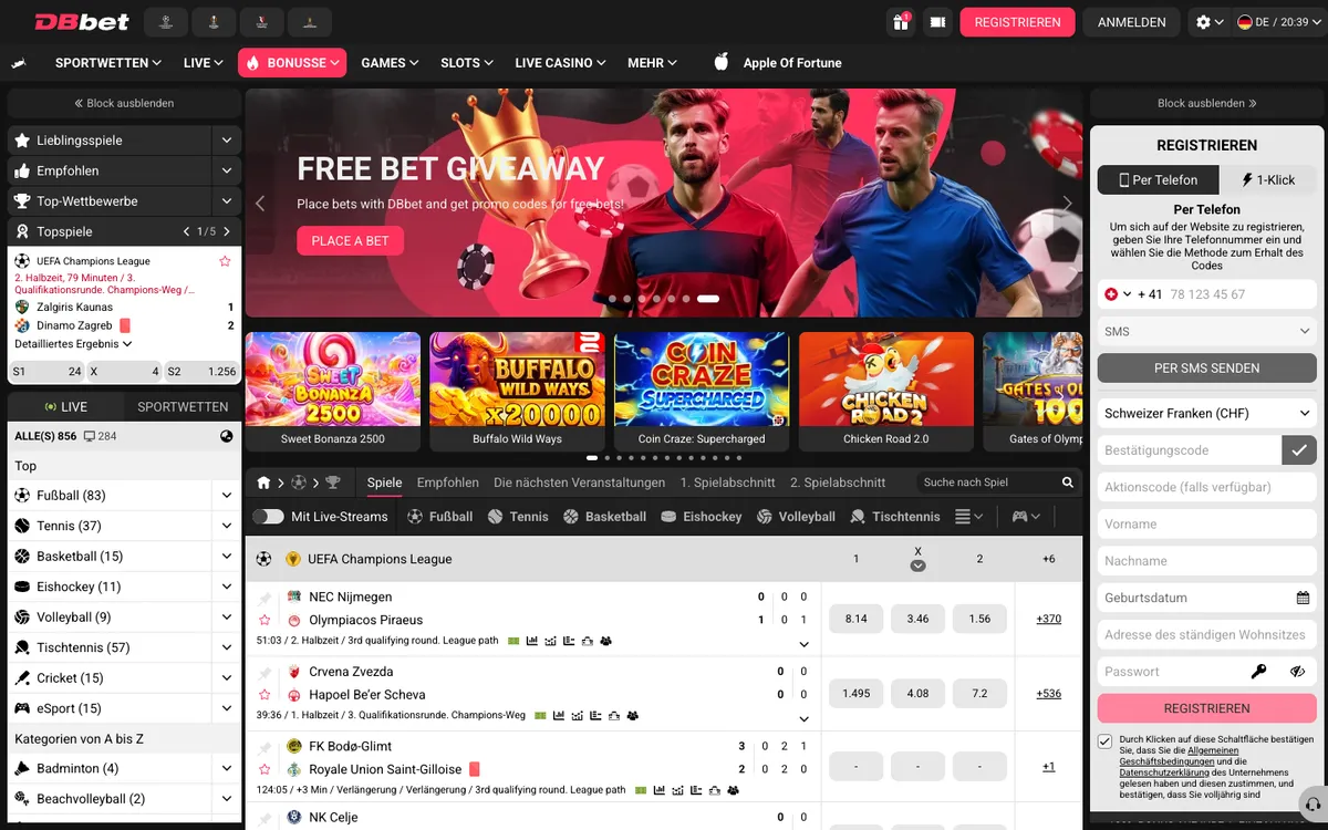 DBbet Casino — «Главная», снято из страны Швейцария
