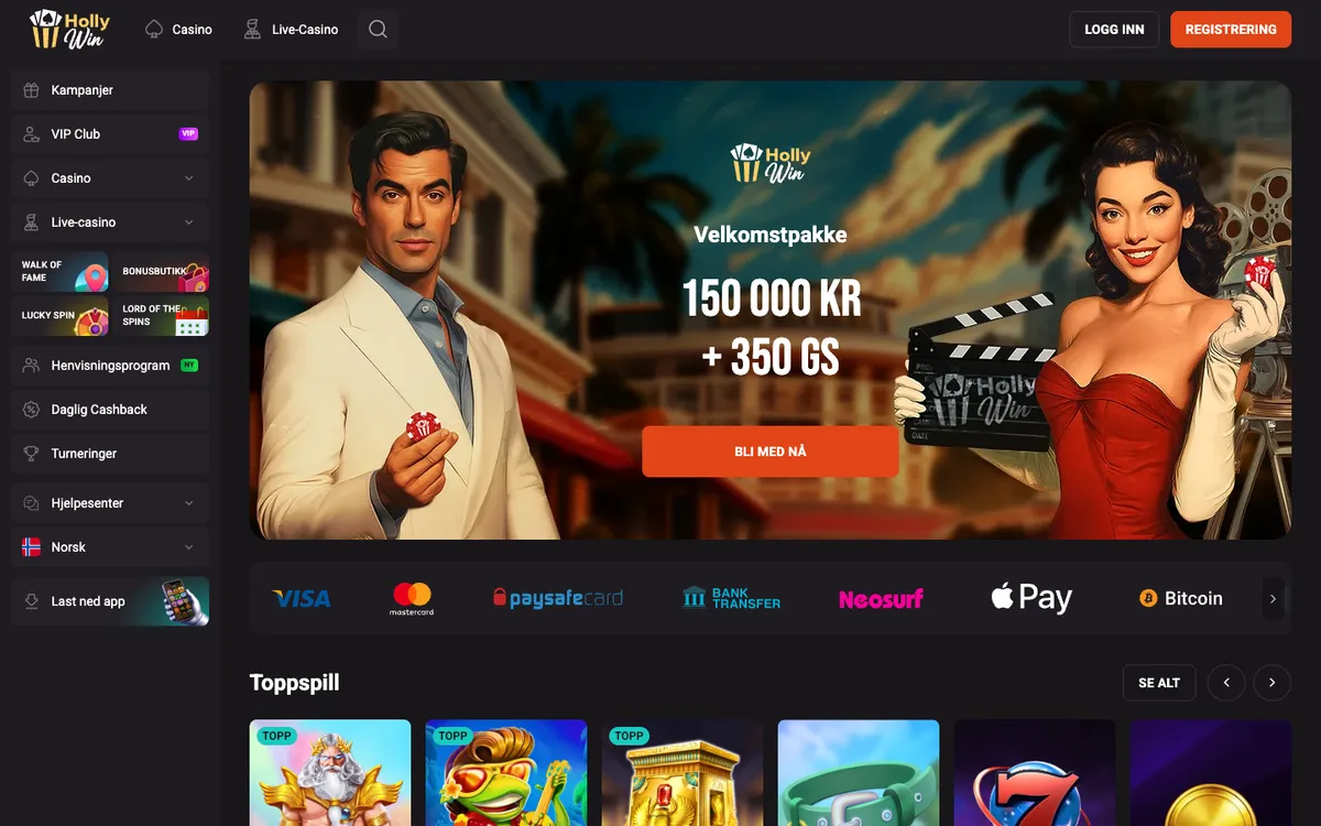HollyWin Casino — Home page, captured from Norway