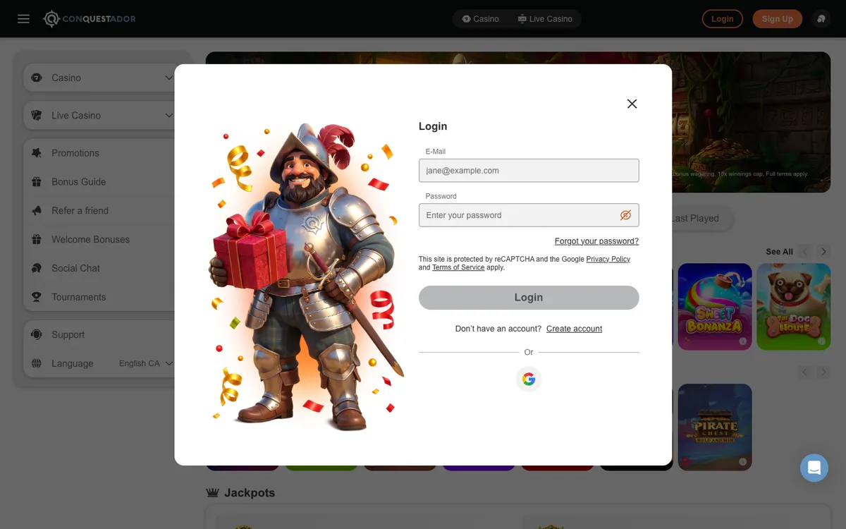 Conquestador Casino — Sign-up, captured from Canada