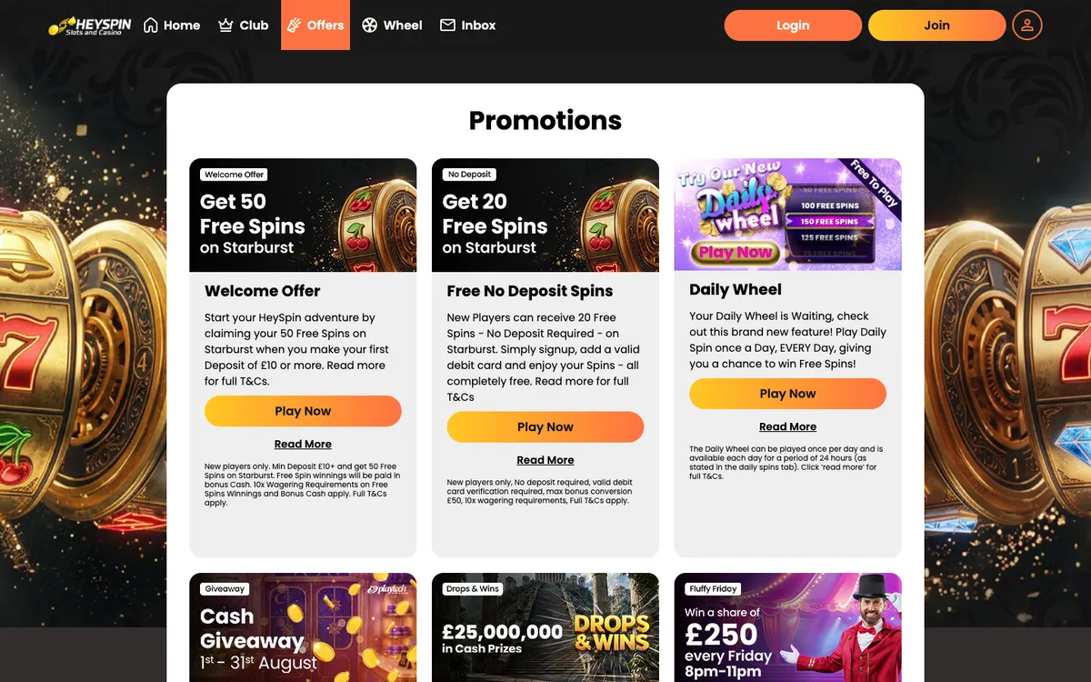 HeySpin Casino — Promotions, captured from United Kingdom