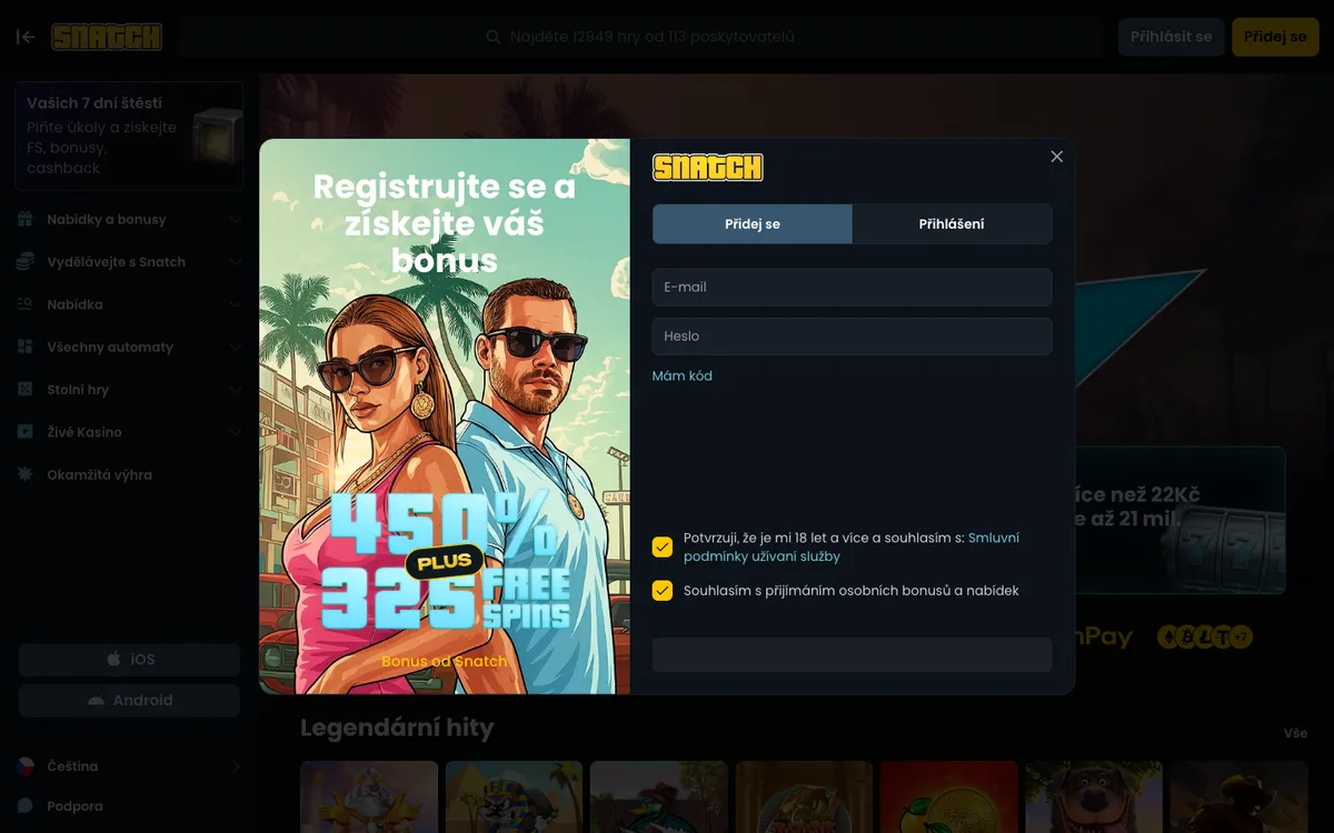 Snatch Casino — Home page, captured from Czechia