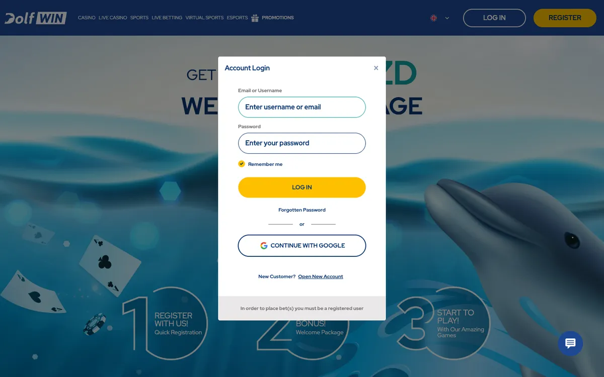 Dolfwin Casino — «Регистрация», снято из страны Новая Зеландия