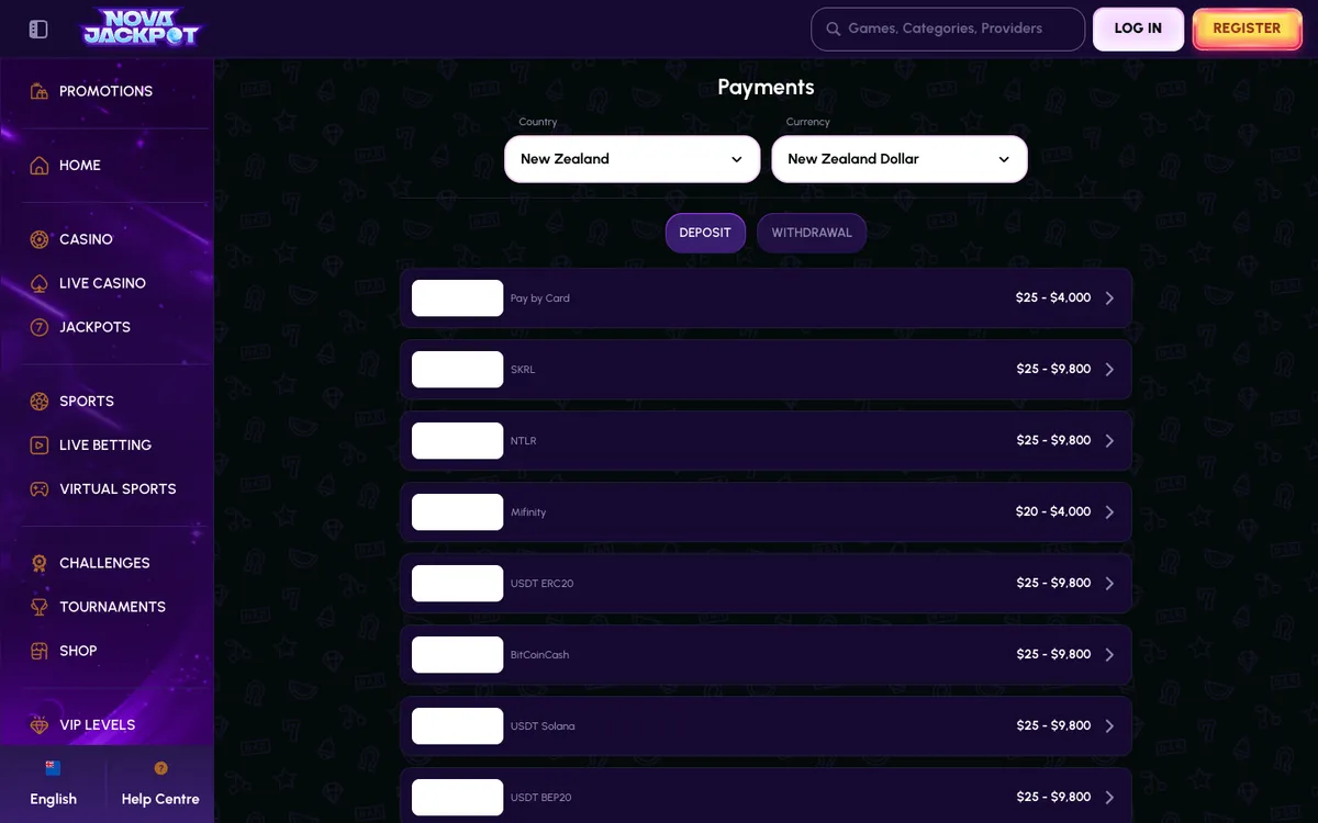 NovaJackpot Casino — Payments, captured from New Zealand