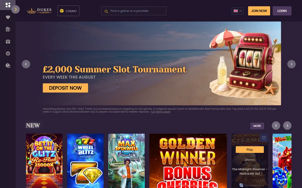 Dukes Casino — Home page, captured from Portugal
