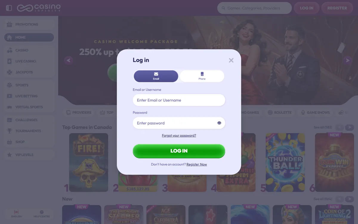 Casino Infinity — Sign-up, captured from Canada