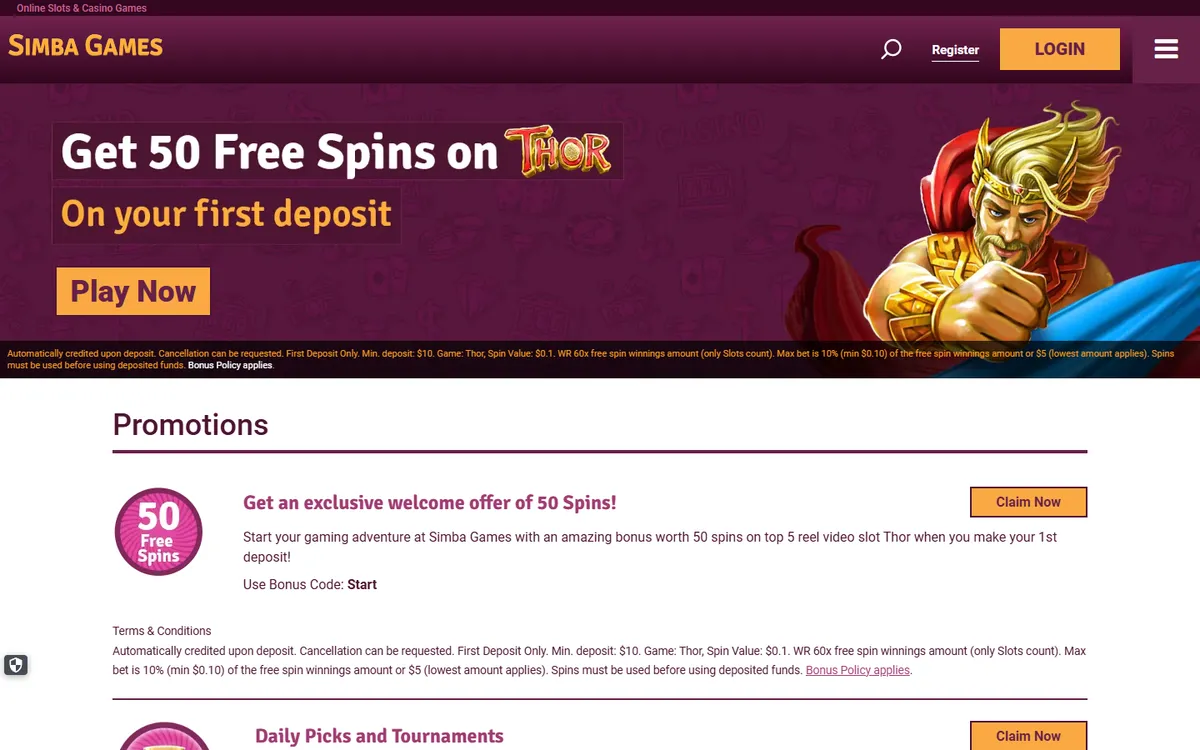 Simba Games — Promotions, captured from Canada