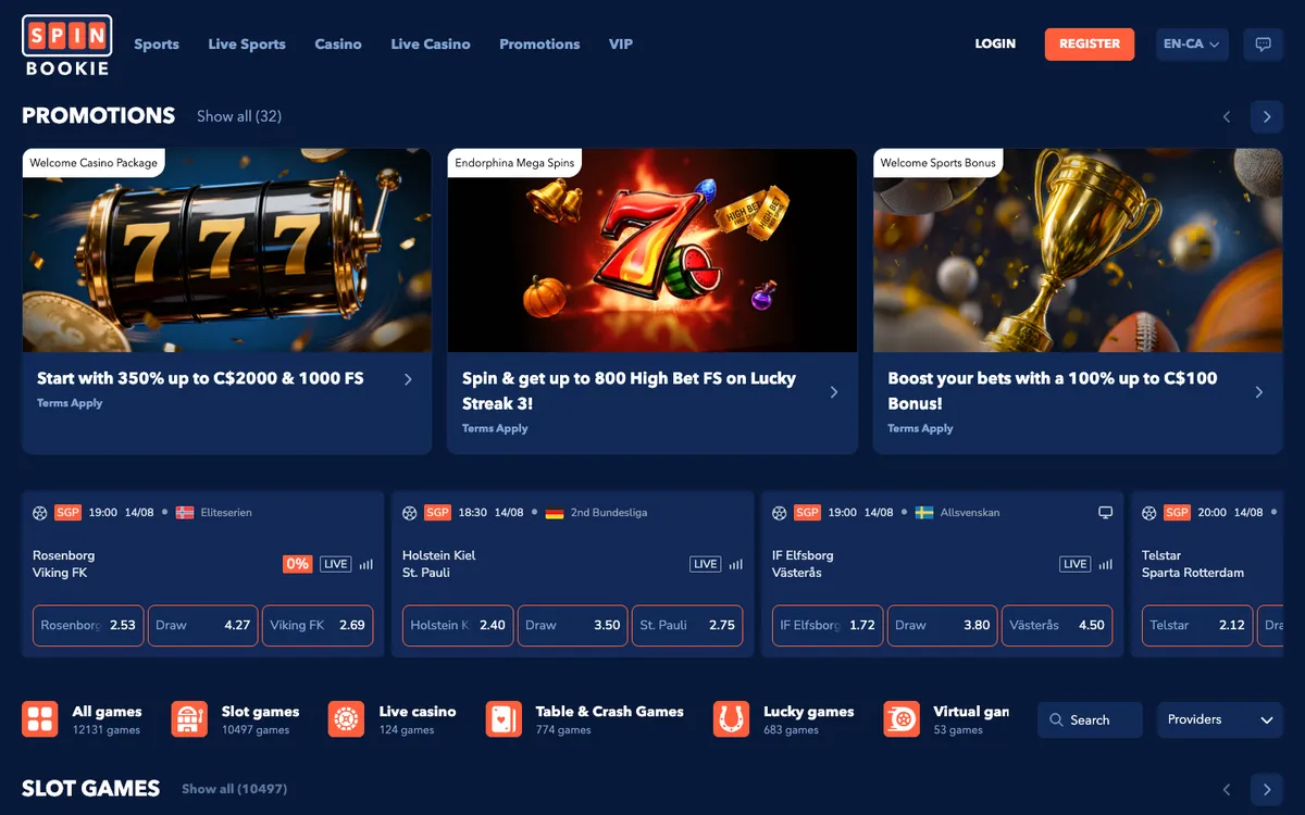 Spinbookie Casino — Home page, captured from Canada