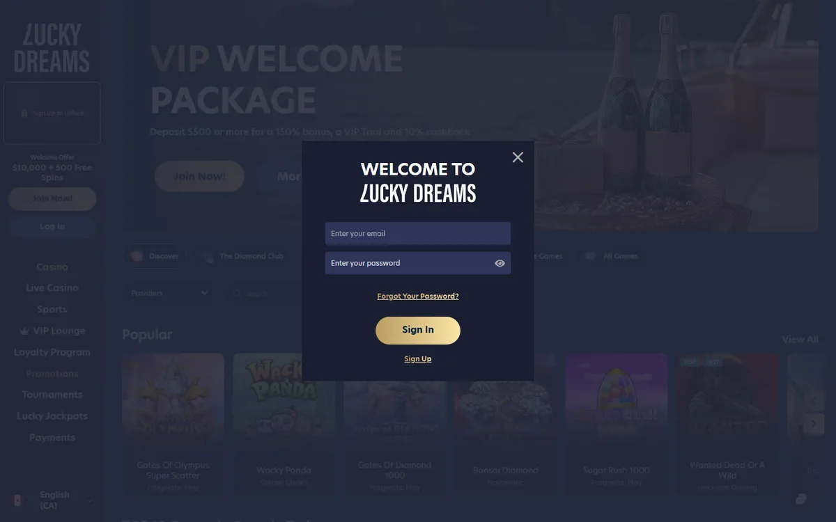 Lucky Dreams Casino — Sign-up, captured from Canada