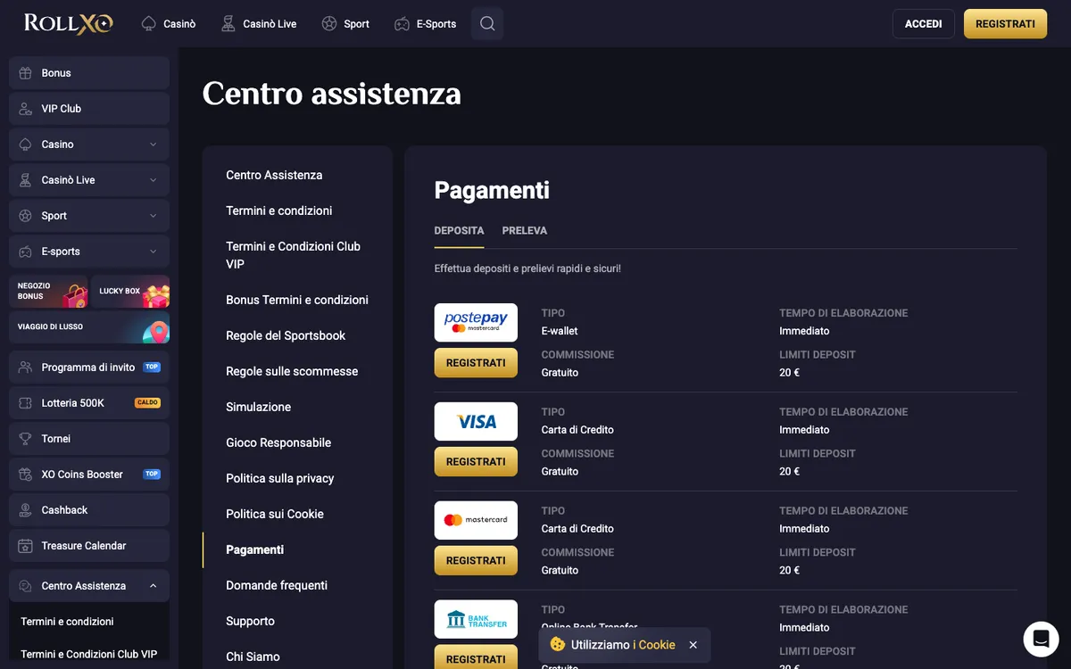 RollXO Casino — Payments, captured from Italy