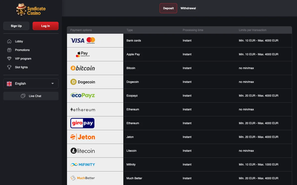 Syndicate Casino — Payments, captured from Austria