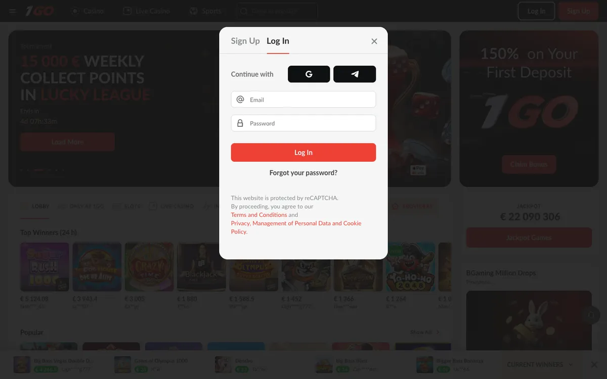 1Go Casino — Sign-up, captured from Belgium