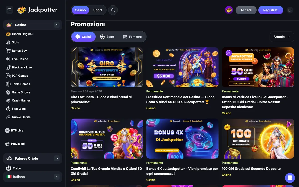 Jackpotter Casino — Promotions, captured from Italy
