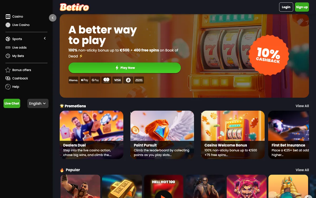 Betiro Casino — Home page, captured from Belgium