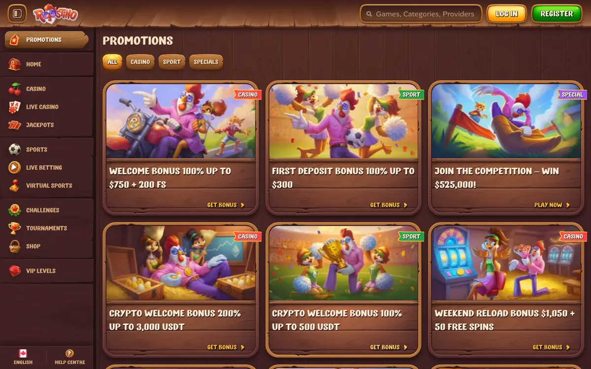 Roostino Casino — Promotions, captured from Canada