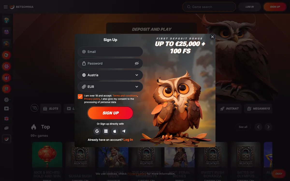 Betsomnia Casino — Sign-up, captured from Austria
