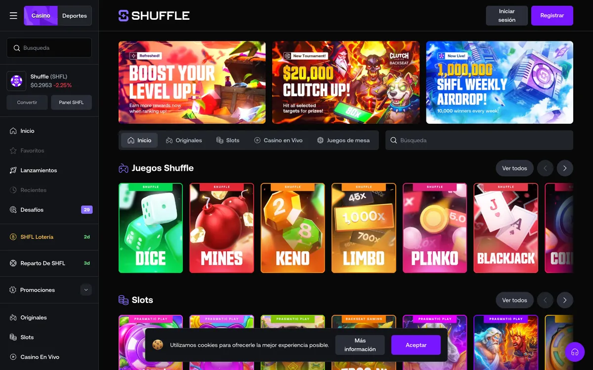 Shuffle Casino — Home page, captured from Spain