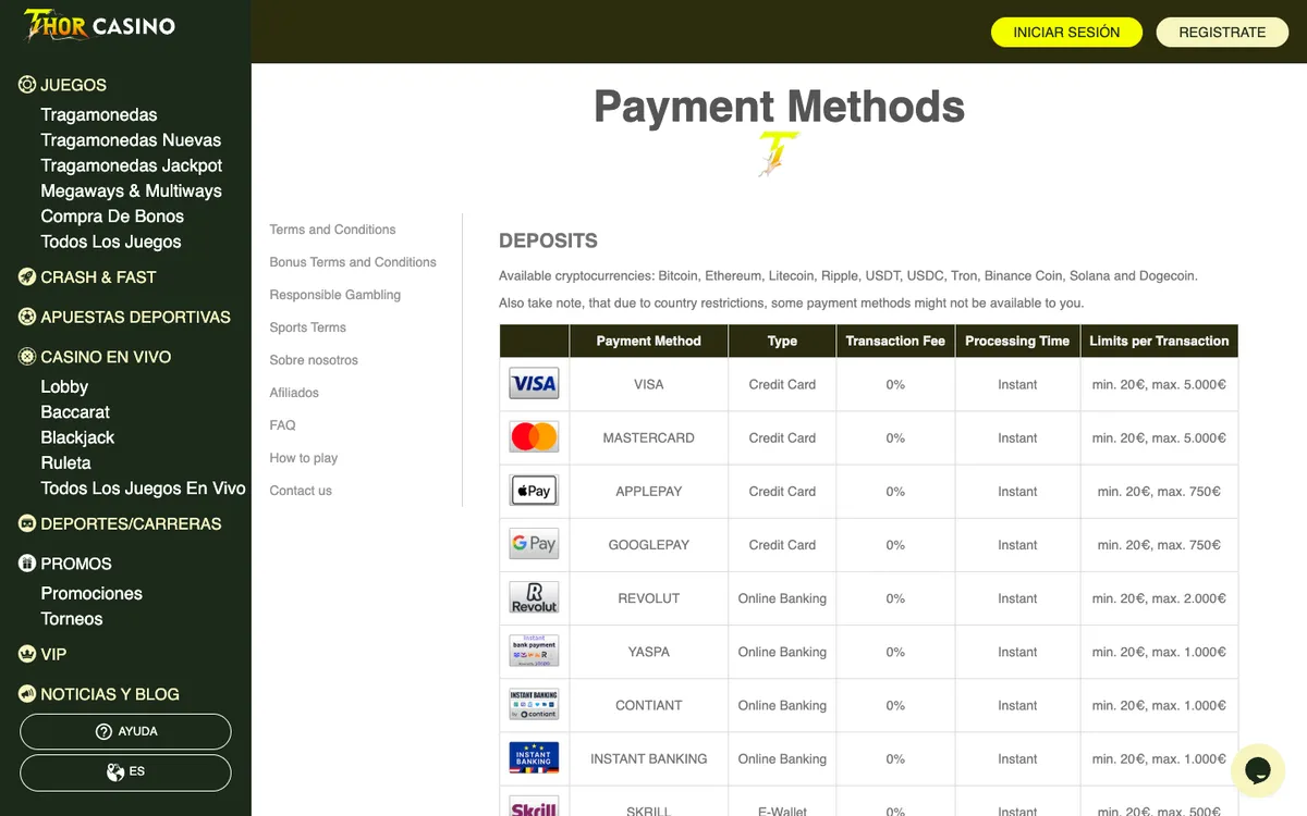 Thorcasino — Payments, captured from Spain