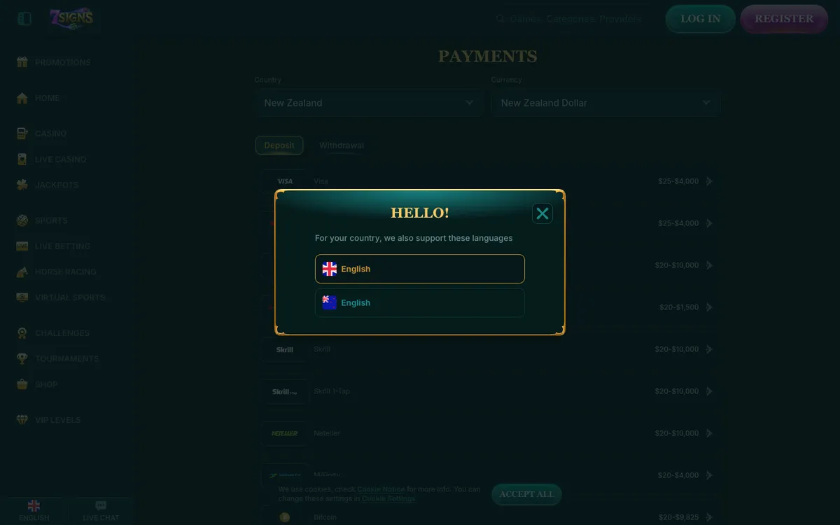 7Signs Casino — «Платежи», снято из страны Новая Зеландия