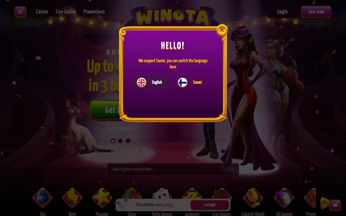 Winota Casino — Home page, captured from Finland